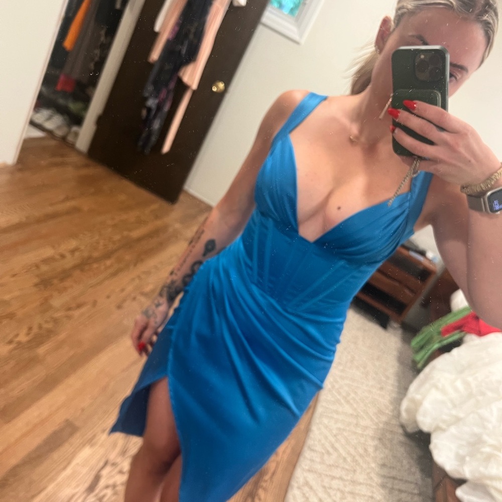 Plunge / Cleavage Blue Silk Like Corset Dress